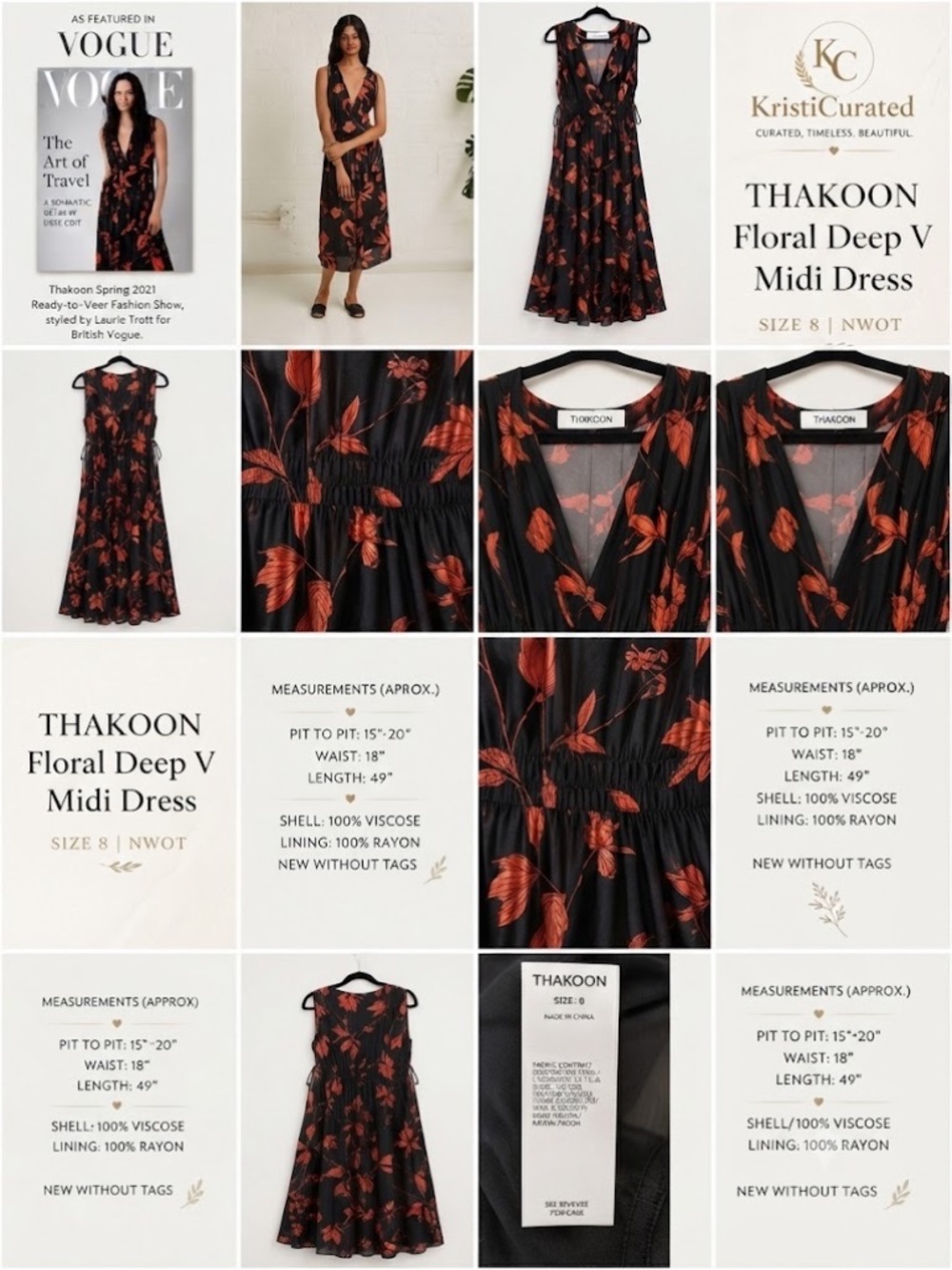 ๐ค Thakoon Floral Deep V Midi Dress Size 8 NWOT Vogue Featured Silk-Look Viscose - Picture 2 of 6